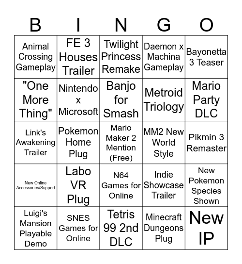 Nintendo @ E3 2019 Bingo Card