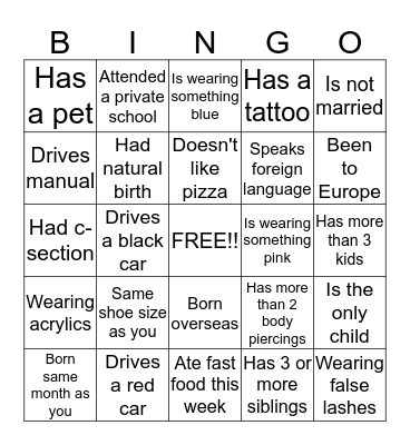 BABY SHOWER ICE BREAKER Bingo Card