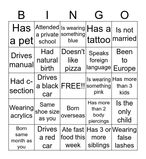 BABY SHOWER ICE BREAKER Bingo Card