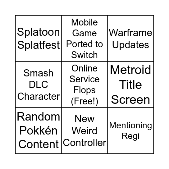 Nintendo E3 Bingo Card