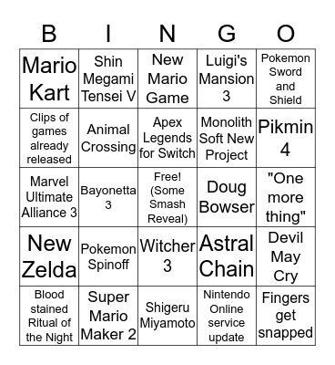 E3 2019 Nintendo Bingo Card