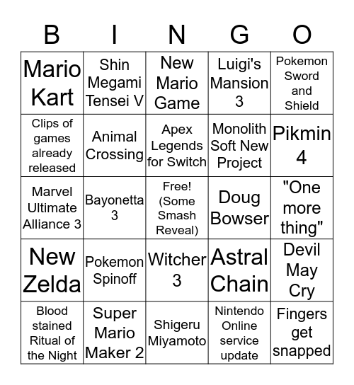 E3 2019 Nintendo Bingo Card