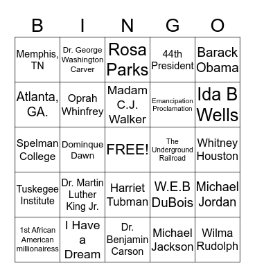 African American Facts Bingo Card