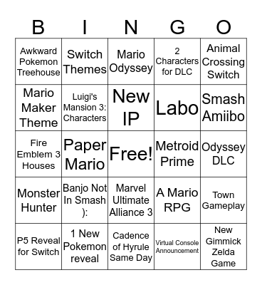 Nintendo Direct Bingo Card