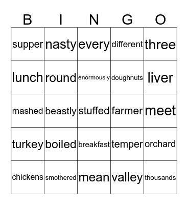 Fantastic Mr Fox Bingo Card