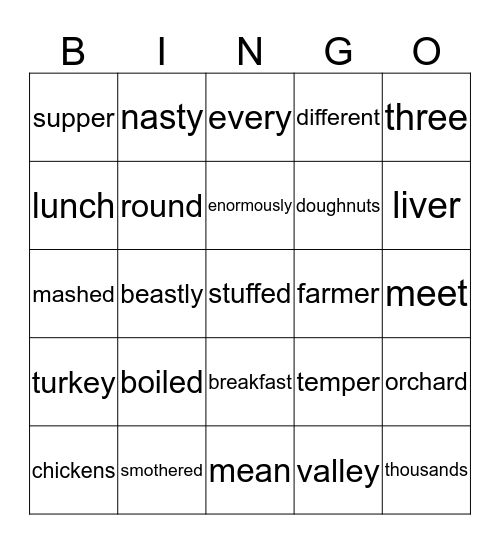Fantastic Mr Fox Bingo Card