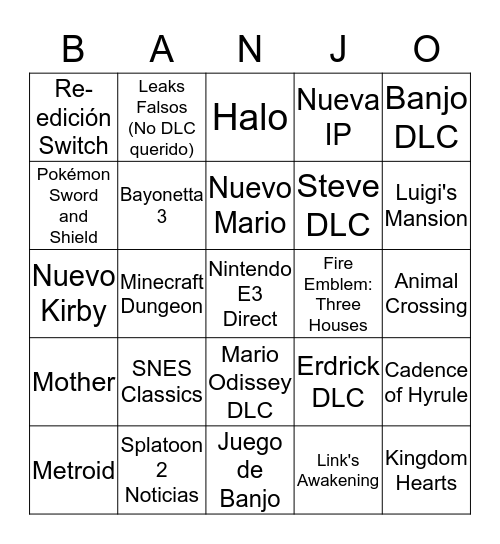 Nintendo E3 Direct Bingo Card