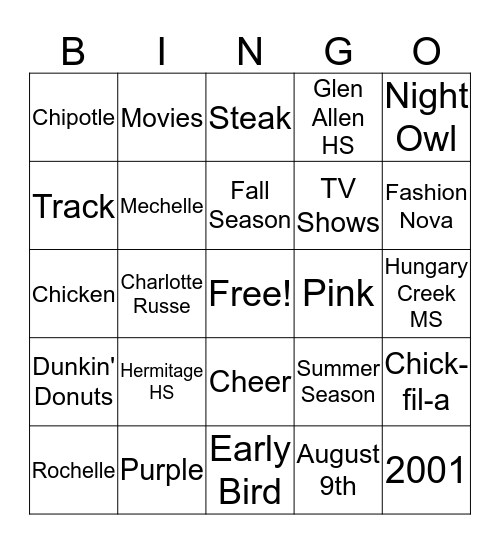 DD BINGO! Bingo Card