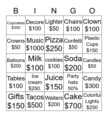 Events Vocabulary Bingo Card