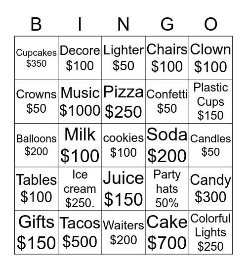Events Vocabulary Bingo Card