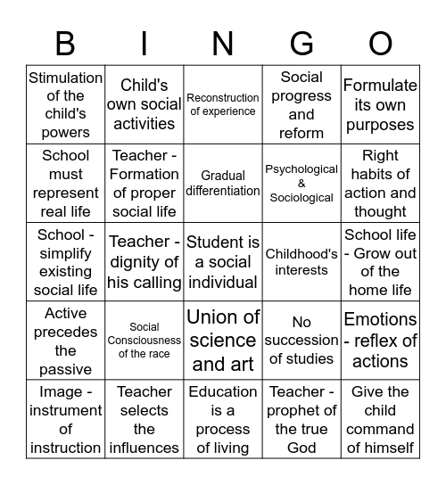 JOHN DEWEY BINGO Card