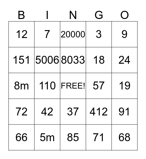 NUMBERS - Bingo Card
