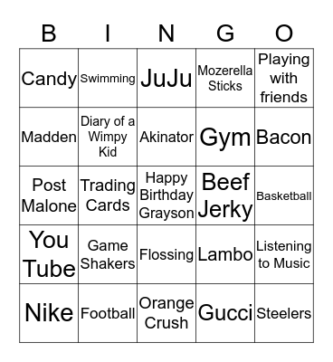 Grayson's Favorite Things Bingo Card