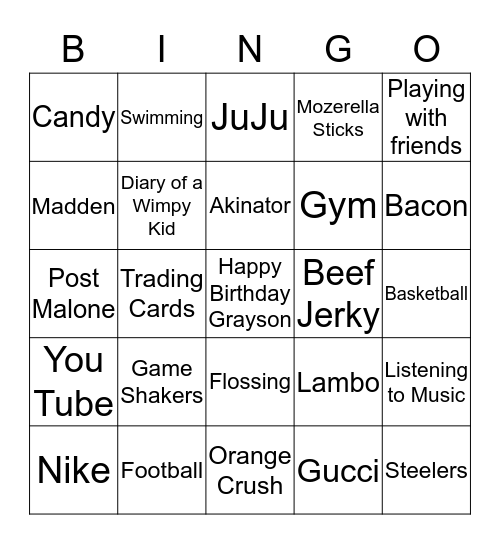 Grayson's Favorite Things Bingo Card