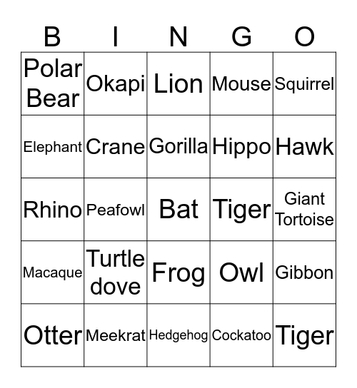 Ueno Zoo Bingo Card