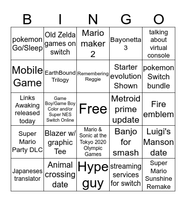 Nintendo E3 Bingo Card