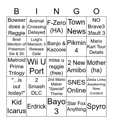 Nintendo E3 2019 Bingo Card