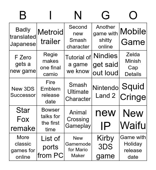 Nintendo Direct 2019 Bingo Card