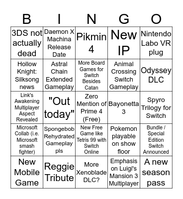 Nintendo E3 Bingo Card