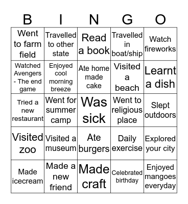 Summer Bingo Card