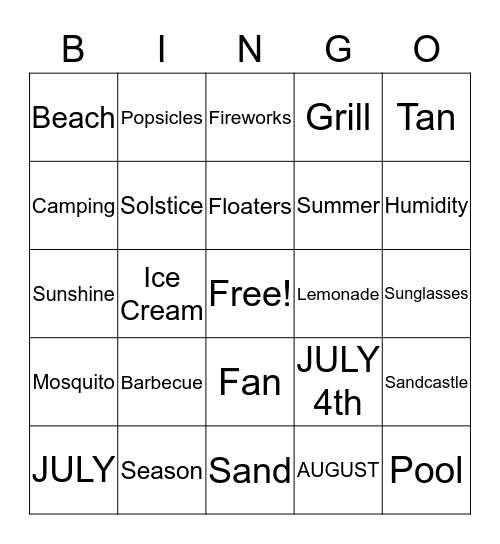 Summer Time Bingo Card