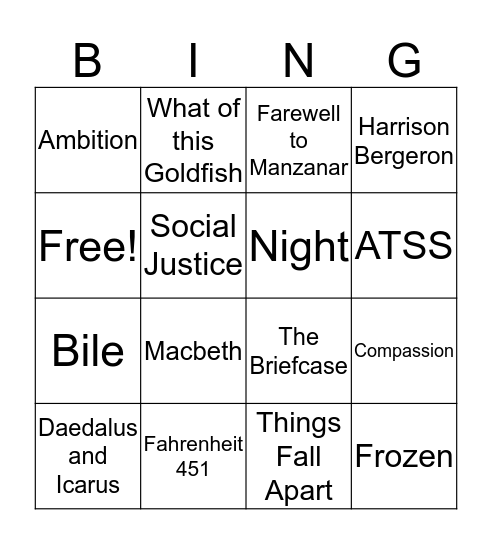 English 10 Bingo Card