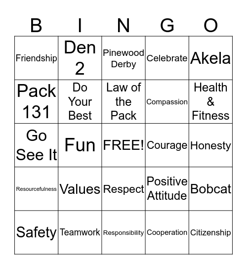 TIGER SCOUTS BINGO Card