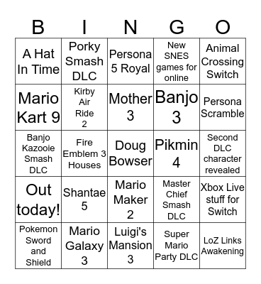 Nintendo E3 2019 Bingo Card