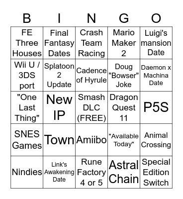 Nintendo E3 Bingo Card