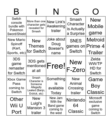 Nintendo Direct Bingo Card
