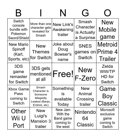 Nintendo Direct Bingo Card