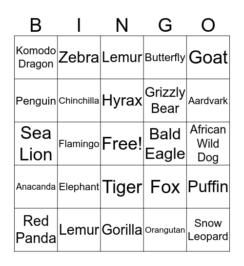 Animals Bingo Card