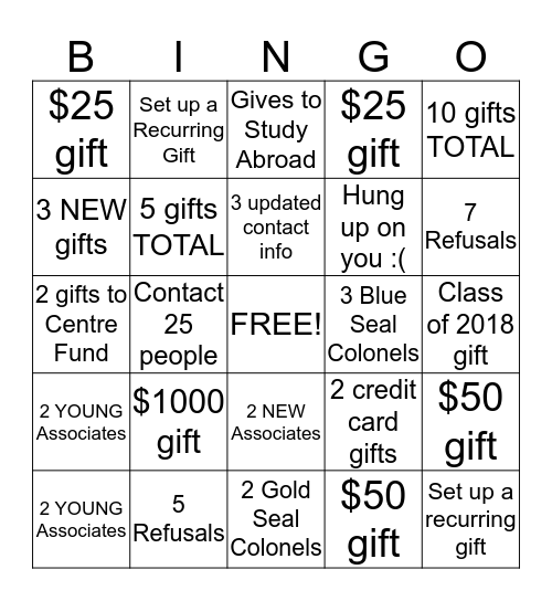 Staff Phonathon 2019 Bingo Card