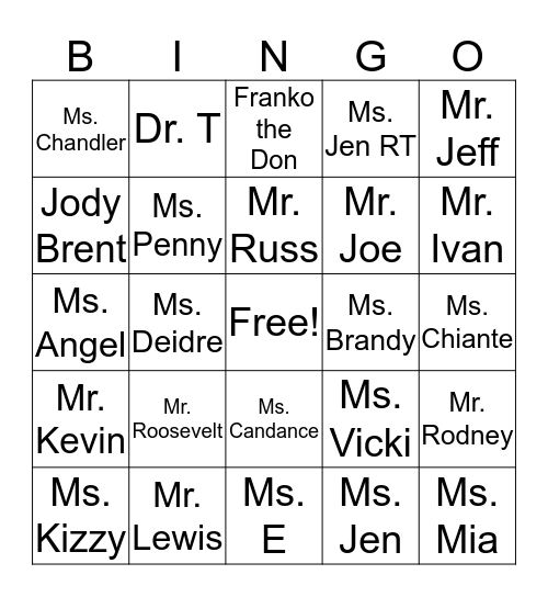 Staff Name Bingo Card