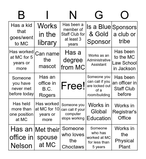 Staff Club Bingo Card