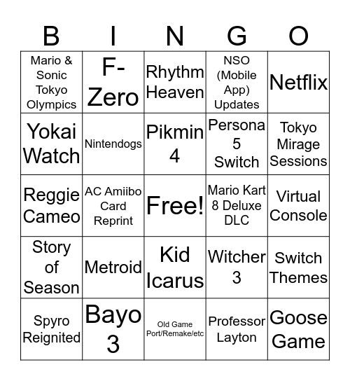 Nintendo E3 2019 (Dream) Bingo Card