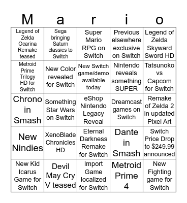 Nintendo Dream E3 2019 Bingo Card