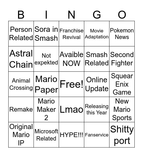 Nintendo E3 Bingo Card