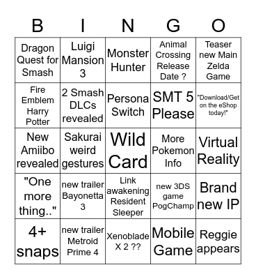 Nintendo E3 2019 Bingo Card