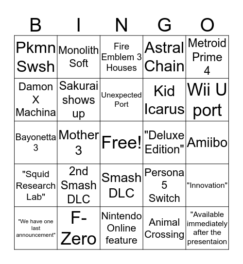 Nintendo E3 2019 Bingo Card