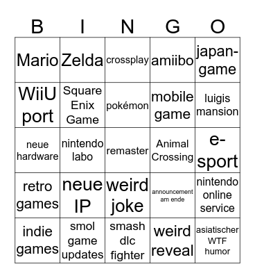 Nintendo E3 Bingo Card