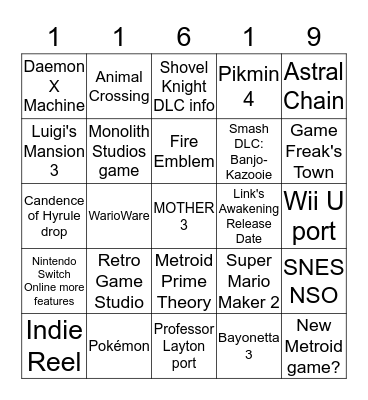 Nintendo Direct E3 2019 Bingo Card