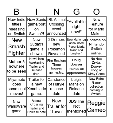 NIntendo E3 2019  Bingo Card