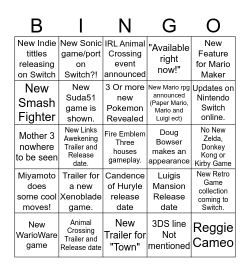 NIntendo E3 2019  Bingo Card