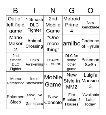 Nintendo E3 2019 Direct Bingo Card