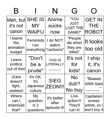 Bad Anime Fan Cliches Bingo Card