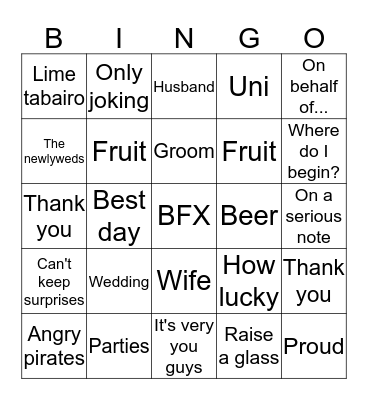 Wedding Speech Bingo! Bingo Card