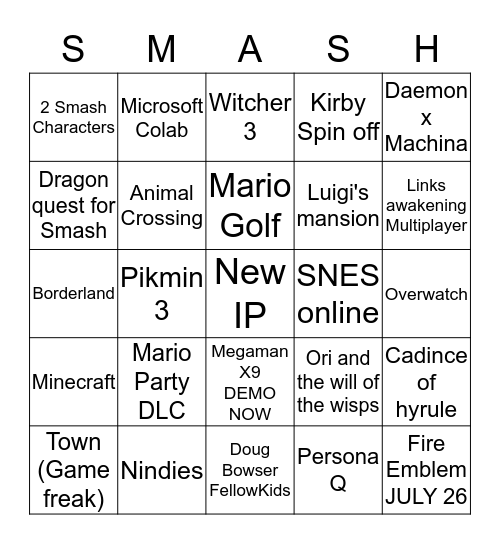 Nintendo @ E3 2019 Bingo Card