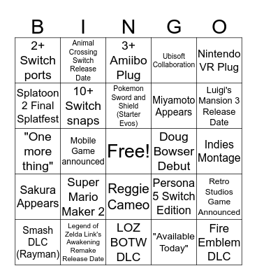 Nintendo Direct Bingo 2019 Bingo Card