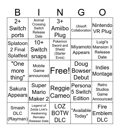 Nintendo Direct Bingo 2019 Bingo Card